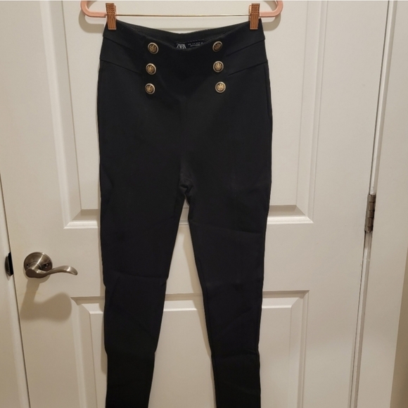 Zara Black High Waisted Pull On Seamed Leggings with Gold Buttons Ponte Pants - Picture 2 of 9